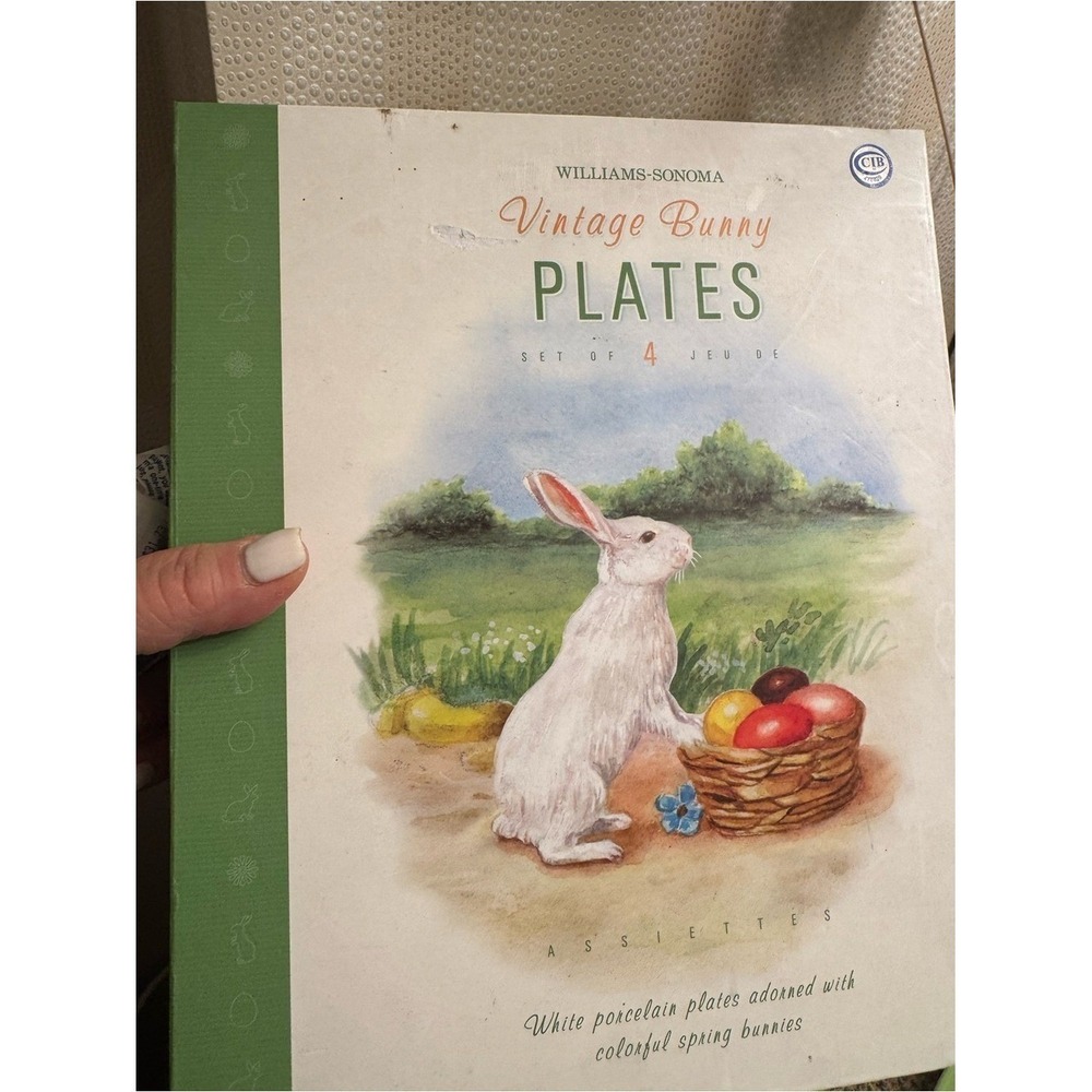 Williams Sonoma White & Green Vintage Bunny Plate Set - Spring Bunny Artwork set
